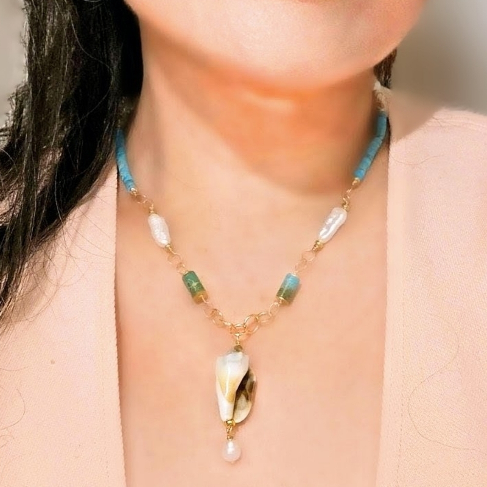 Santorini Inspired Blue Imperial Jasper & Pearls In Artisan Handcrafted Necklace